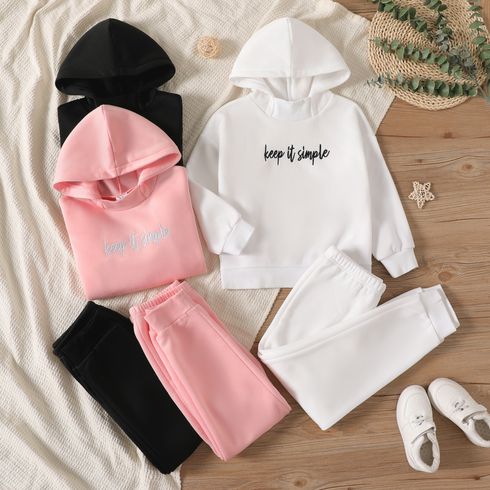 2-piece Kid Girl Letter Print Fleece Lined Hoodie Sweatshirt and Solid Color Pants Set