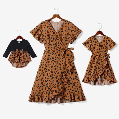 Brown Leopard V Neck Ruffle Short-sleeve Wrap Dress for Mom and Me