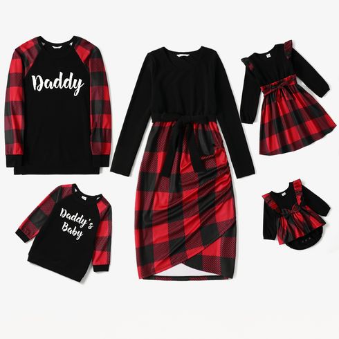 Christmas Red Plaid Family Matching Long-sleeve Splicing Dresses and Letter Print Sweatshirts Sets