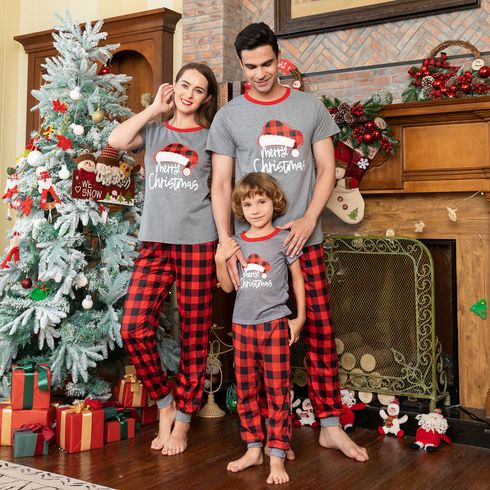 Christmas Plaid Hat and Letter Print Gray Family Matching Short-sleeve Pajamas Sets (Flame Resistant)