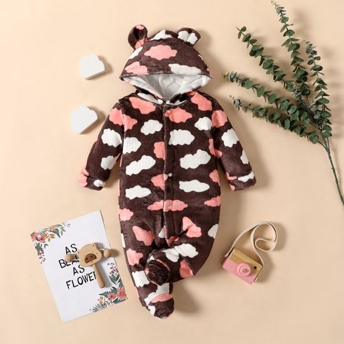 Baby Girl All Over Cloud Print Coffee Thickened Flannel 3D Ears Hooded Long-sleeve Footed Jumpsuit