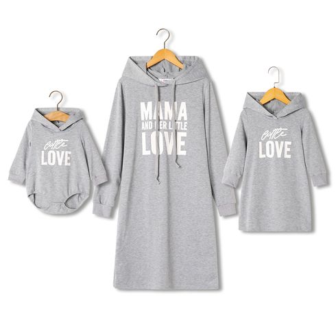 Letter Print Grey Long-sleeve Drawstring Hoodie Dress for Mom and Me