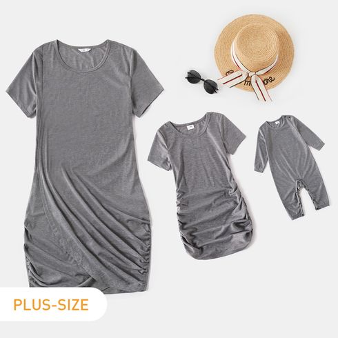 Grey Shirring Short-sleeve Dress for Mom and Me