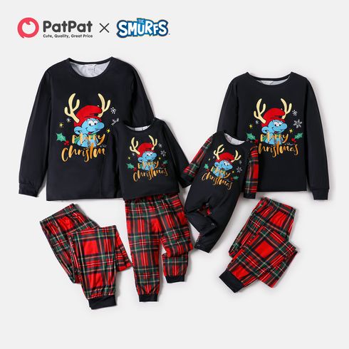 Smurfs Family Matching Christmas Antler Print Top and Plaid Pants Pajamas  Sets