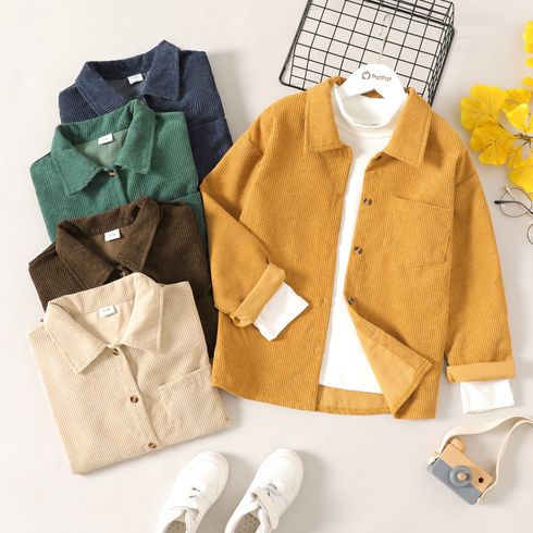 Kid Boy Lapel Collar Button Design Solid Color Long-sleeve Corduroy Shirt ( Layering Tee is NOT included)