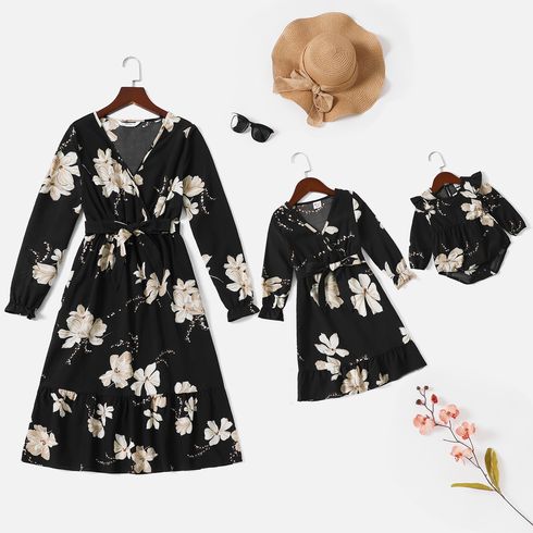 Allover Floral Print Long-sleeve Belted Dress for Mom and Me