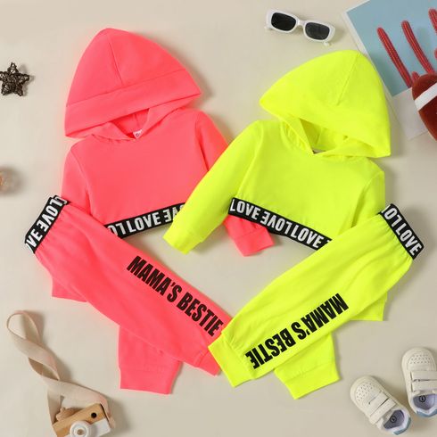 2pcs Baby Girl Letter Print Solid Crop Top Hoodie and Track Pants Set
