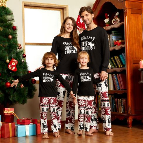 Christmas Moose and Letter Print Family Matching Black Long-sleeve Pajamas Sets (Flame Resistant)