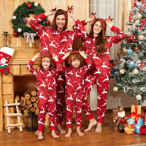 Christmas All Over Reindeer Print 3D Antlers Red Family Matching Long-sleeve Hooded Onesies Pajamas Sets (Flame Resistant)
