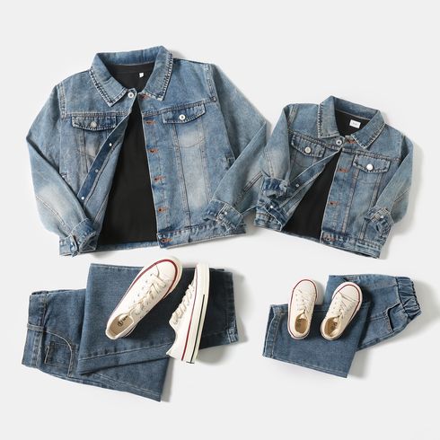Light Blue Letter Design Long-sleeve Distressed Denim Jacket for Mom and Me Light Blue big image 7