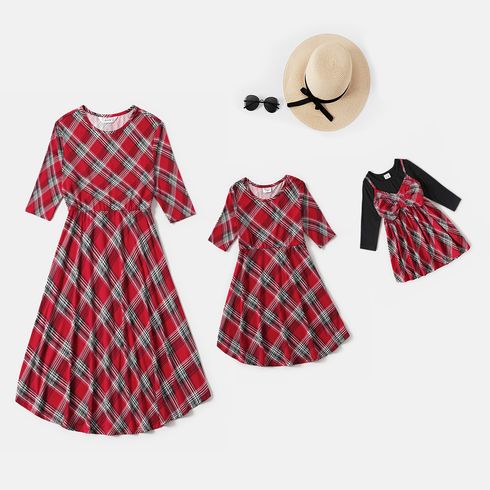 Christmas Red Plaid Round Neck 3/4 Sleeve Dress for Mom and Me