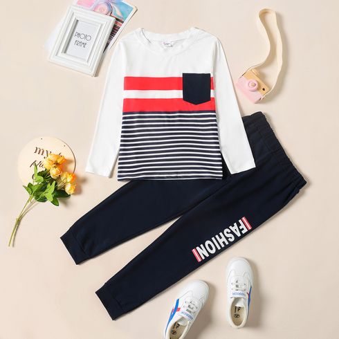 2-piece Kid Girl Stripe Pocket Design Long-sleeve Tee and Letter Print Pants Set