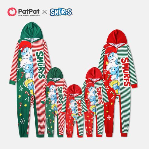 Smurfs Colorblock Big Graphic and Stripe Christmas Hooded Onesies Pajamas