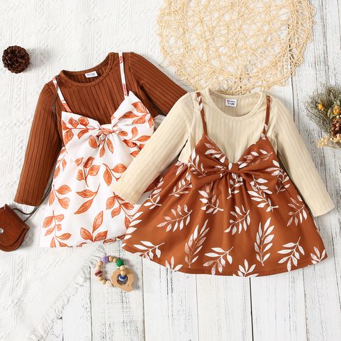 Baby Girl Solid Ribbed Long-sleeve Splicing Leaves Print Bowknot Dress