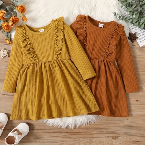 Toddler Girl Solid Ruffle Decor Long-sleeve Ginger or Brown Dress