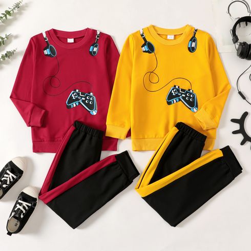 2-piece Kid Boy Game Console Print Pullover Sweatshirt and Colorblock Pants Set