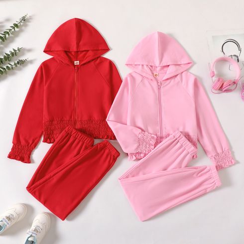 2-piece Kid Girl Solid Color Smocked Hem Zipper Hooded Jacket and Pants Set