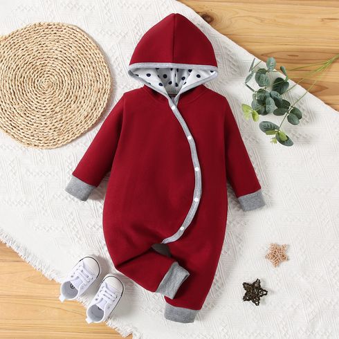 Baby Girl/Boy 100% Cotton Polka dots Button Design Long-sleeve Burgundy Hooded Romper