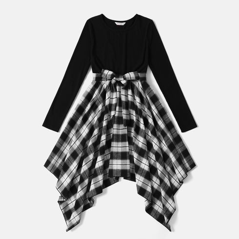 Family Matching Long-sleeve Plaid Splicing Dresses and Shirts Sets Black/White big image 6