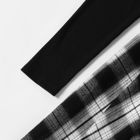Family Matching Long-sleeve Plaid Splicing Dresses and Shirts Sets Black/White big image 9
