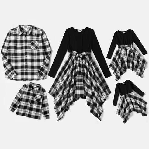 Family Matching Long-sleeve Plaid Splicing Dresses and Shirts Sets Black/White big image 1