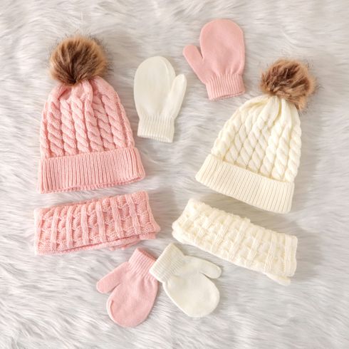 3er-Pack Baby- / Kleinkinder-Pompon-Dekor in reiner Farbe Zopfstrick-Mütze und Schal und Fäustlinge Set