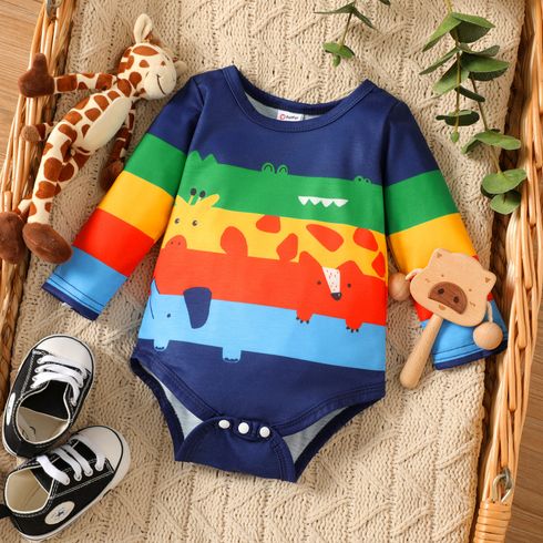 Baby Boy Cartoon Animal Print Rainbow Striped Long-sleeve Romper