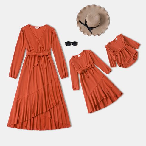Red Long-sleeve Wrap Belted Dress for Mom and Me