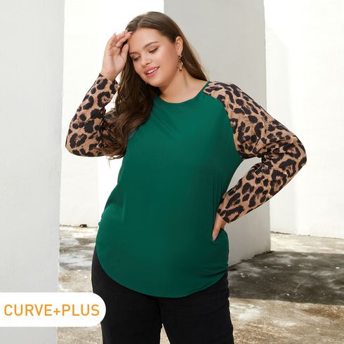 Women Plus Size Casual Leopard Print Raglan Sleeve Top