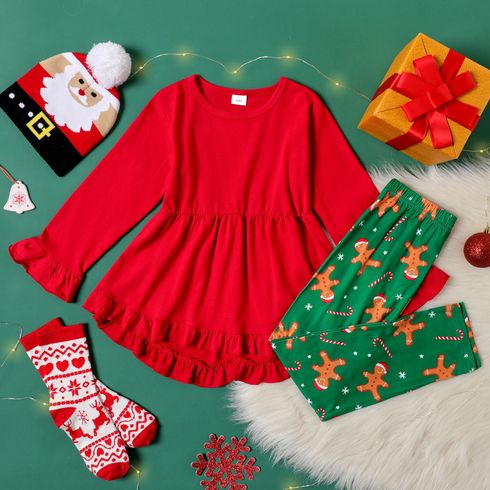 2-piece Kid Girl Christmas Ruffle Hem Red Top and Figure Star Print Leggings Set