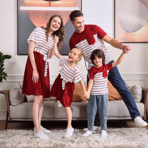 Red and White Striped  Short-sleeve Family Matching Sets(Belted Splicing Dresses and T-shirts)