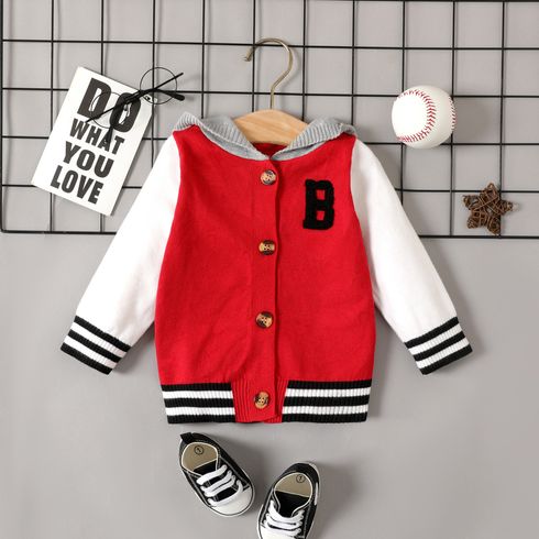 Baby Letter Pattern Color Block Knitted Long-sleeve Hooded Baseball Jacket