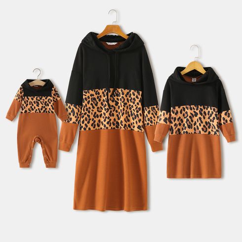 Leopard Color Block Long-sleeve Splicing Hoodie Dress for Mom and Me