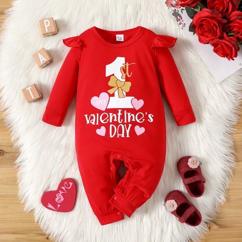 Valentine's Day Baby Girl Love Heart and Letter Print Red Long-sleeve Jumpsuit
