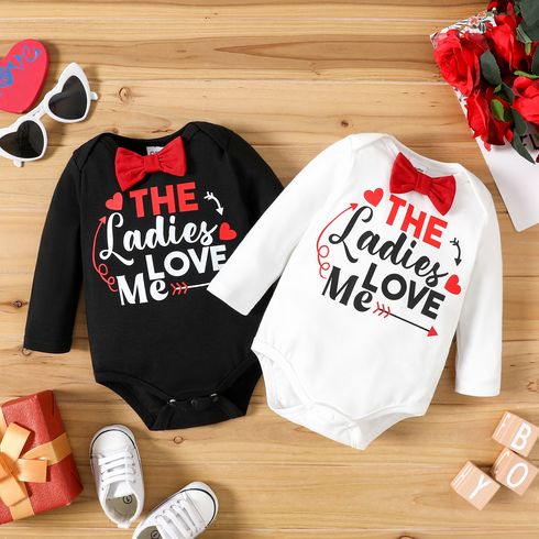 Valentine's Day Baby Boy Gentleman Bow Tie Letter and Love Heart Print Long-sleeve Romper