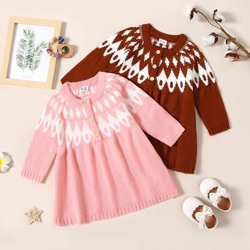 Baby Girl Button Down Long-sleeve Color Block Knitted Dress
