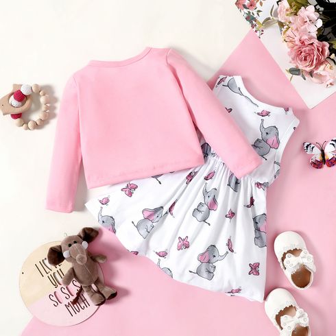 2pcs Baby Girl Pink Long-sleeve Cardigan with Cartoon Elephant and Butterfly Print Sleeveless Dress Set Pink big image 2