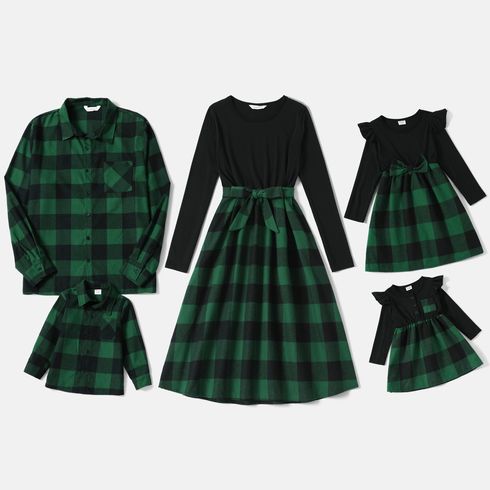 Family Matching Plaid Long-sleeve Splicing Belted Midi Dresses and Shirts Sets
