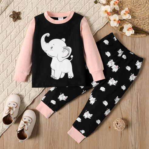 2-piece Toddler Girl Elephant Print Colorblock Sweatshirt and Pants Set