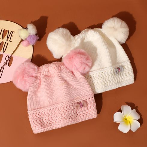 Baby / Toddler Bow Decor Double Pompon Warm Knit Beanie Hat