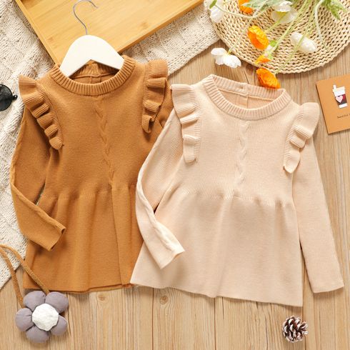 Toddler Girl Ruffled Solid Color Back Button Design Long-sleeve Knit Dress