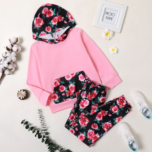 2-piece Kid Girl Floral Print Pocket Design Hoodie Sweatshirt and Pants Set