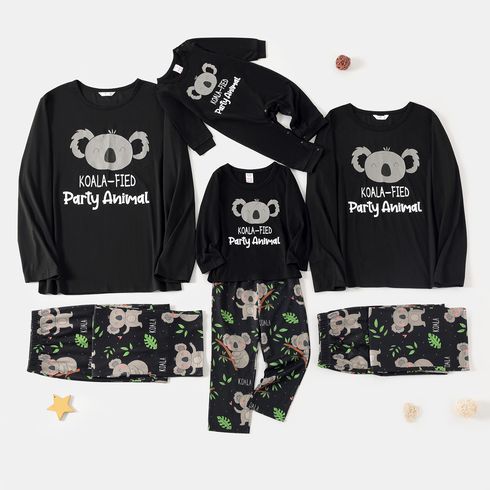 Cartoon Koala and Letter Print Black Family Matching Long-sleeve Pajamas Sets (Flame Resistant)