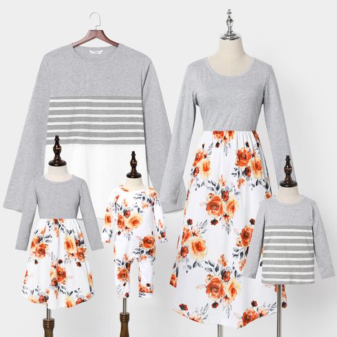 Family Matching Grey Cotton Long-sleeve Floral Splicing Midi Dresses and Striped T-shirts Sets