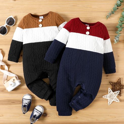 Baby Boy Colorblock Knitted Textured Long-sleeve Jumpsuit