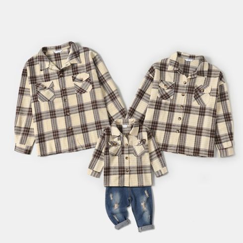 Beige Plaid Lapel Long-sleeve Thickened Shirts for Mom and Me