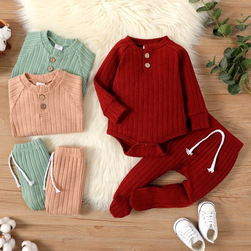 2-piece Baby Girl/Boy Solid Color Cable Knit Textured Button Design Long-sleeve Romper and Footie Pants Set