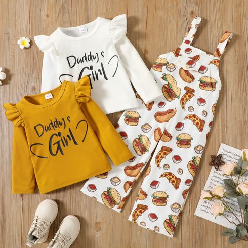 2-piece Toddler Girl Letter Print Ruffled Long-sleeve Ribbed Top and Fast Food Print Overalls Set