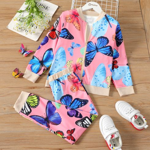 2-piece Kid Girl Butterfly Print Zipper Bomber Jacket and Pants Casual Set