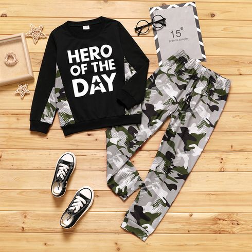 2-piece Kid Boy Letter Camouflage Print Pullover Sweatshirt and Pants Set